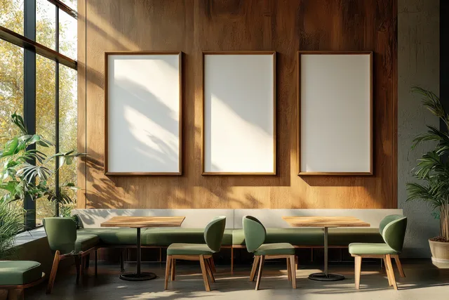 Green cafe chairs and tables sit against a wooden wall with three blank frames beside a large panoramic window.