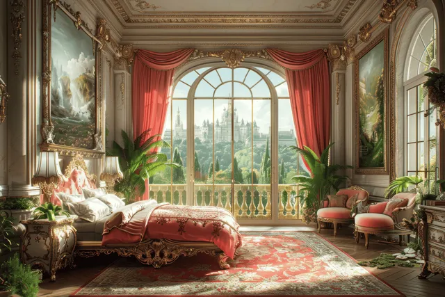 Rococo bedroom with canopied bed, pink and gold ornamentation, red curtains, and palace view through large windows.
