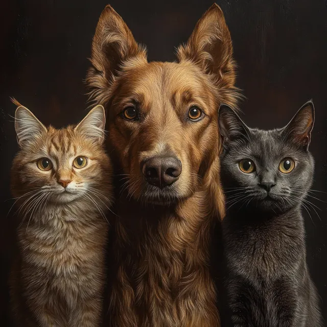 A golden brown dog is flanked by an orange tabby cat and a gray cat on a dark background with soft lighting.