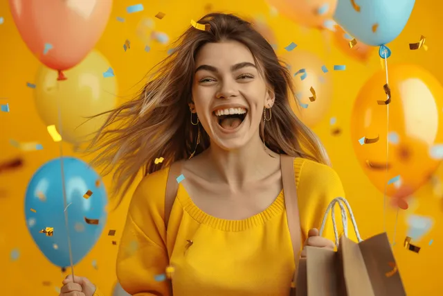 A laughing woman holds shopping bags and balloons with confetti on a yellow background.