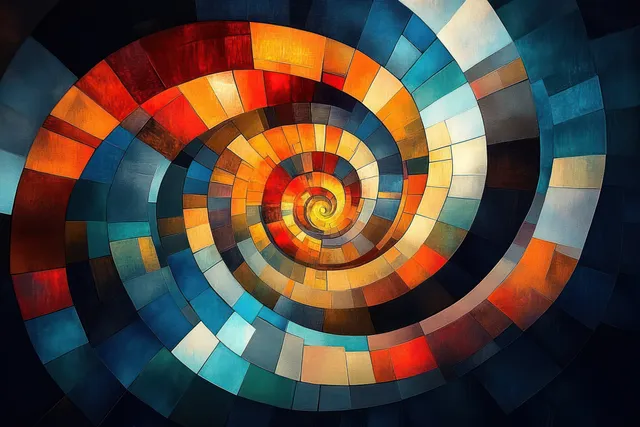 A vibrant cubist spiral of colorful geometric shapes is illuminated by warm glowing light bands, creating a dynamic abstract composition.