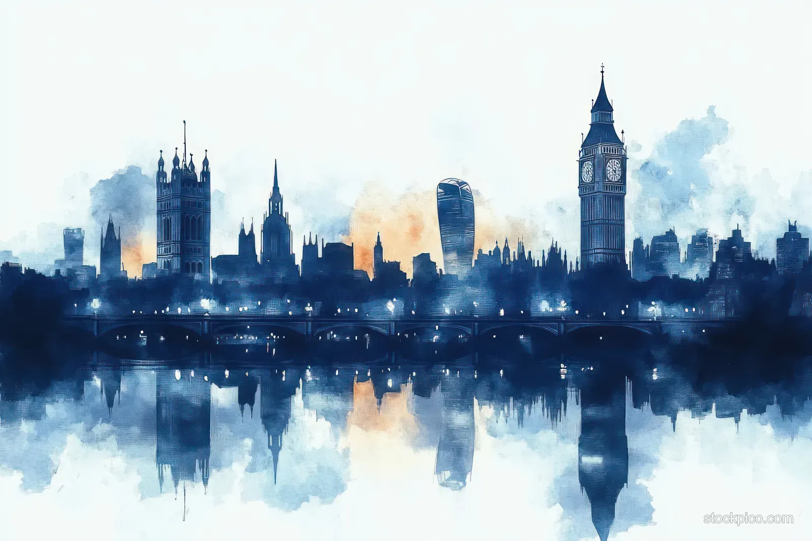 Watercolor London skyline at dusk with Big Ben and bridge silhouettes reflected in a calm river.