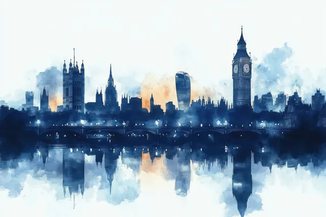 Watercolor London skyline at dusk with Big Ben and bridge silhouettes reflected in a calm river.