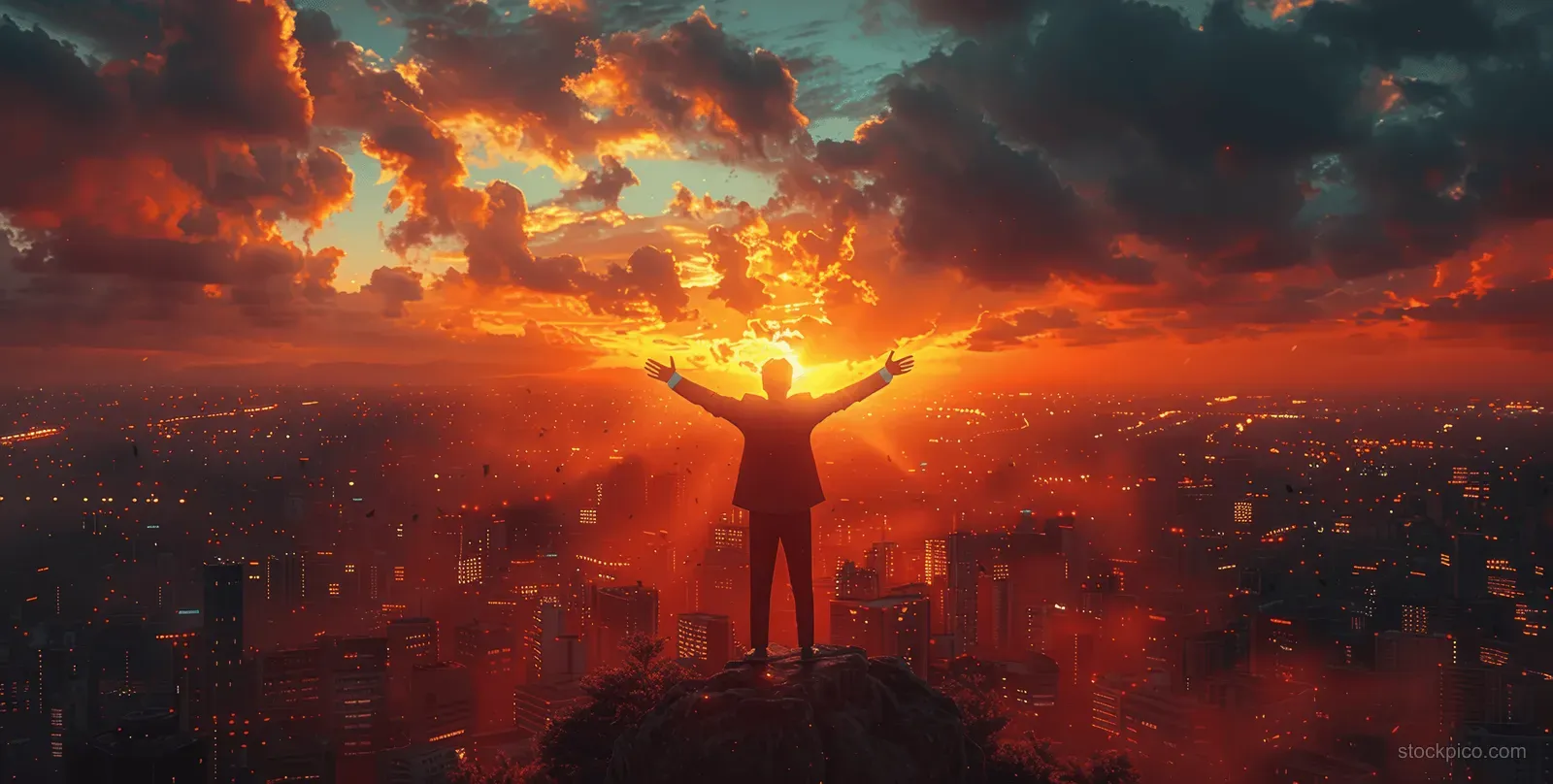 Silhouette of a man standing on a rock with arms outstretched overlooking a city skyline at sunset.