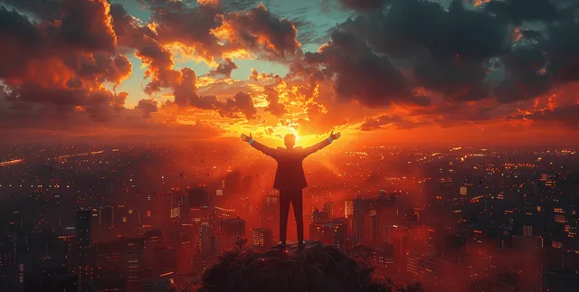 Silueta de un hombre de pie sobre una roca con los brazos extendidos contemplando un horizonte urbano al atardecer.
