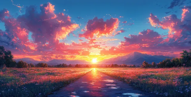 An empty highway leads into a bright sunset horizon behind mountain silhouettes under dramatic blue clouds.