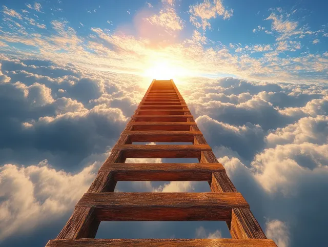 Wooden ladder rising through clouds toward radiant sunlight with golden light rays