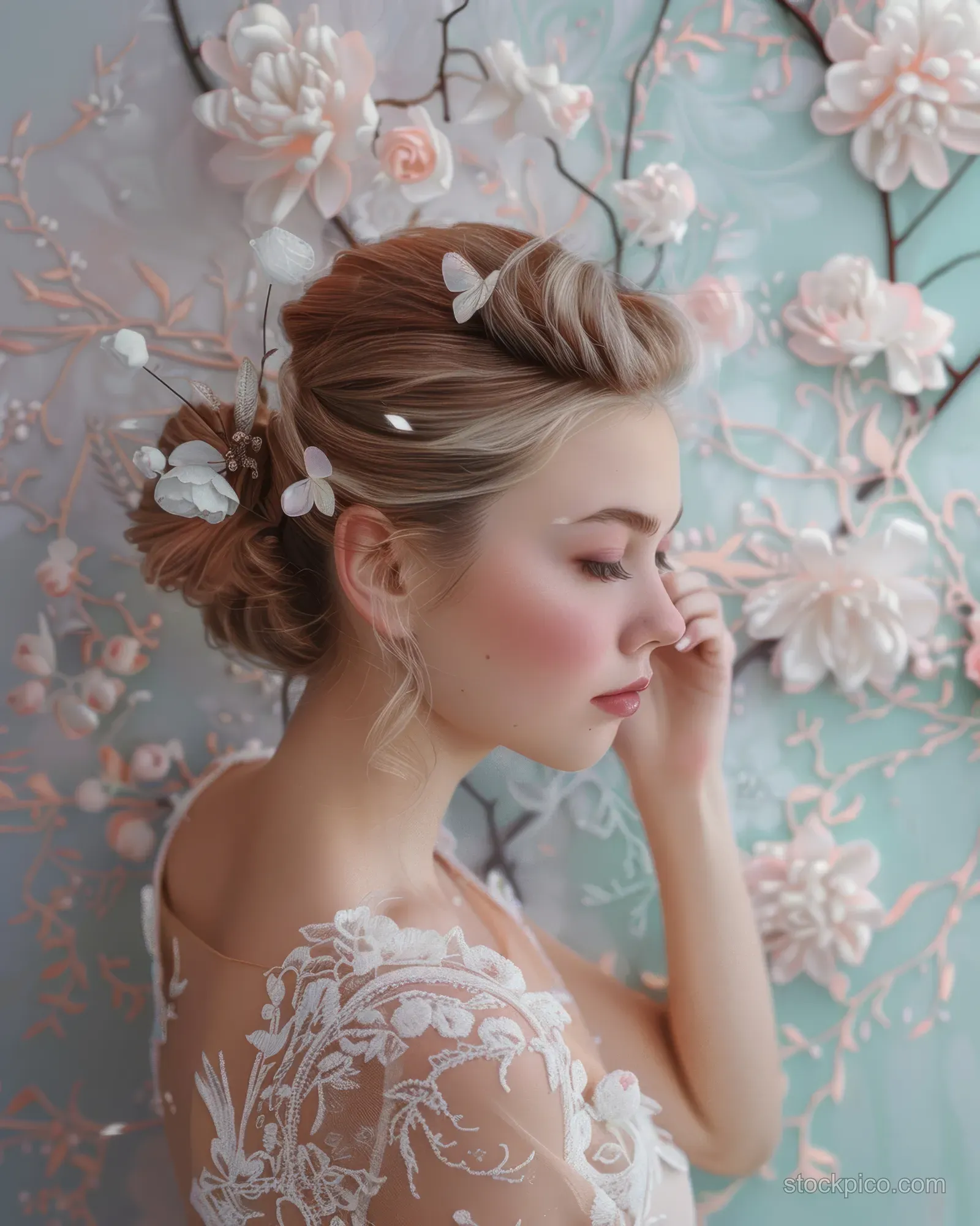 Rhythmic gymnast posing in a pastel floral studio with ribbon in her hair and a calm, focused expression.