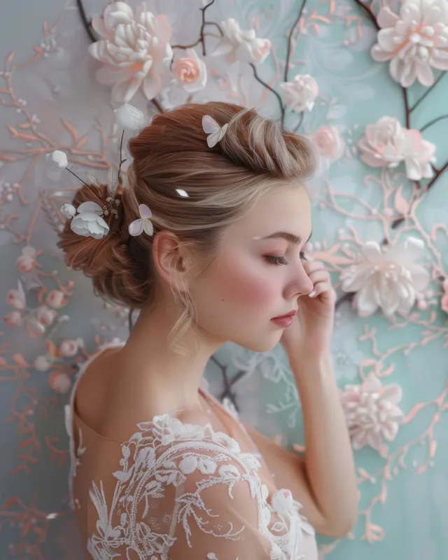 Rhythmic gymnast posing in pastel floral studio, ribbon in hair, serene focused expression