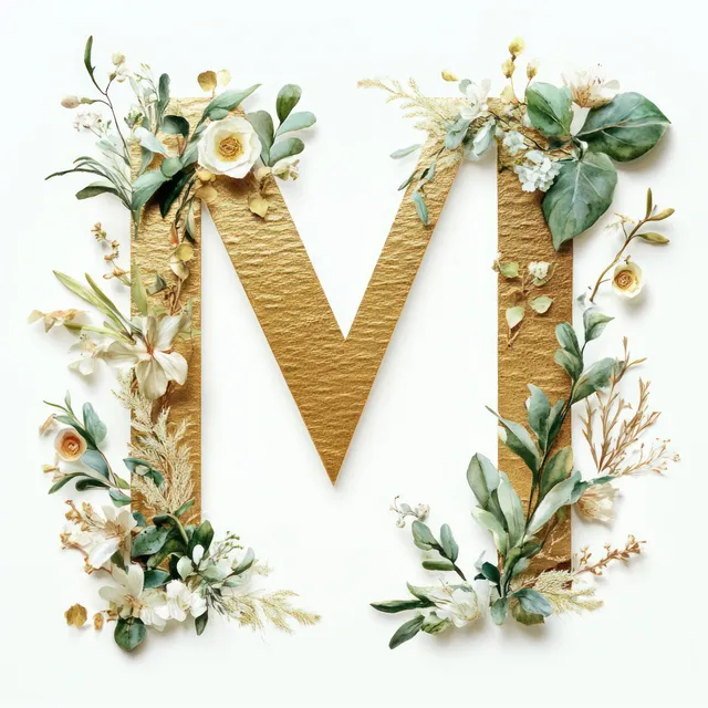 Gold letter V framed by green eucalyptus branches, small flowers, and soft botanical accents on a light background.