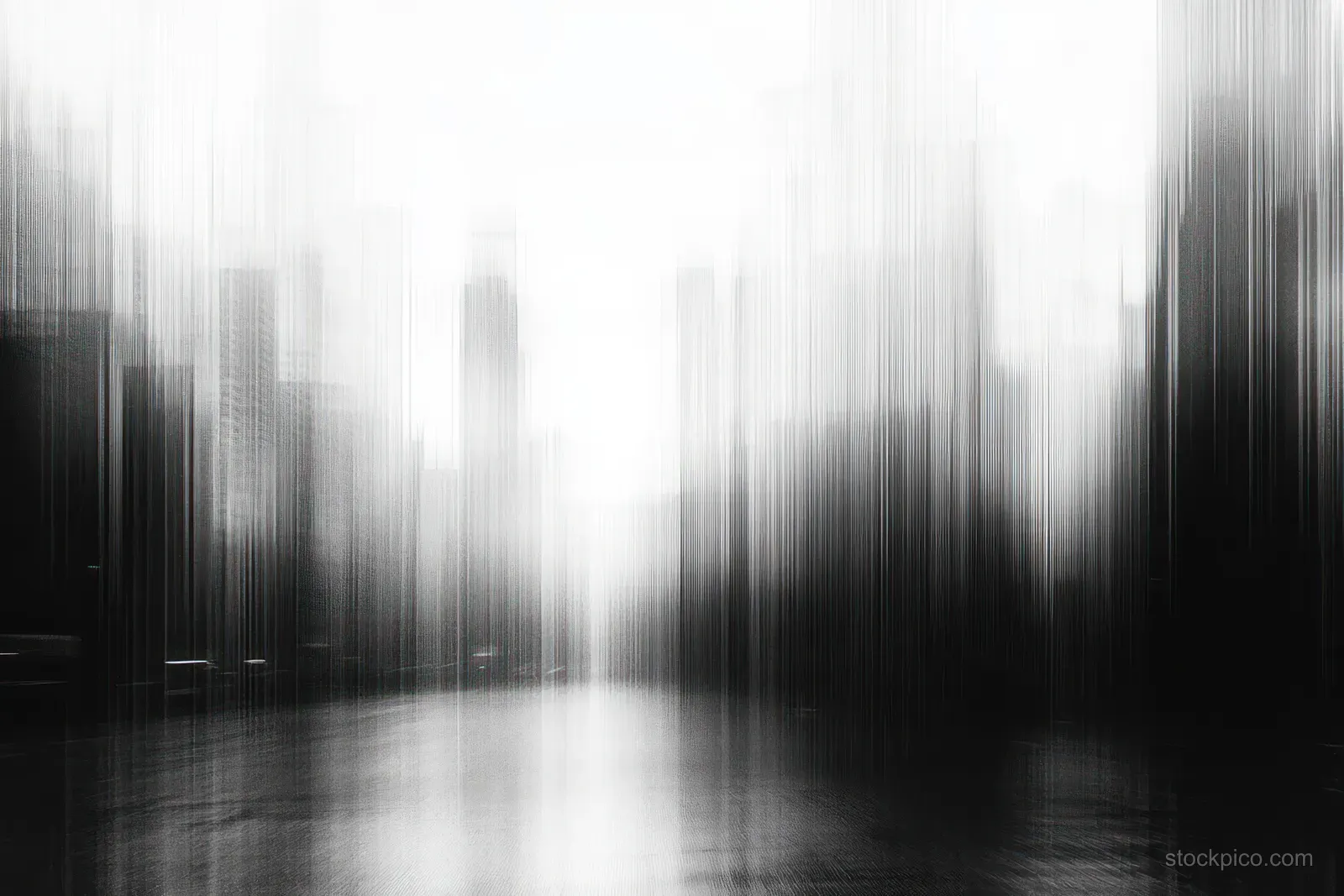Monochrome blurred city street recedes past tall skyscraper silhouettes under a hazy sky.