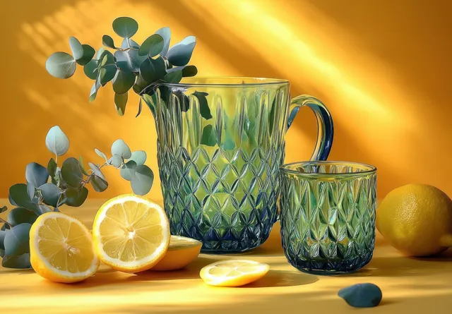 Transparent textured glass pitcher and cups with eucalyptus leaves and sliced lemons on a bright yellow background.