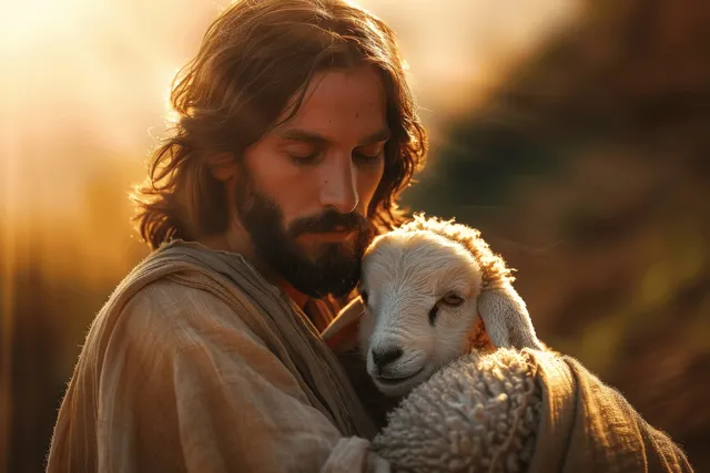 Jesus holding a baby lamb at sunrise with warm golden light and gentle gaze