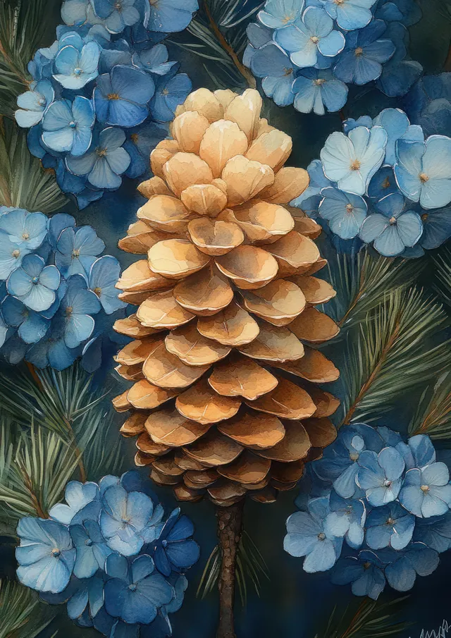 A pinecone rests among blue flowers and green leaves in a vibrant watercolor illustration.
