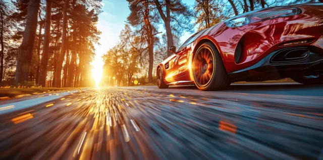 Sports car front wheel spins on a sunny highway, throwing sparks with blurred road lights behind.