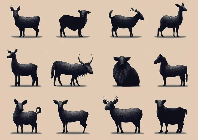 Twelve black silhouette illustrations of deer, sheep, goats, and cattle stand on a beige background.