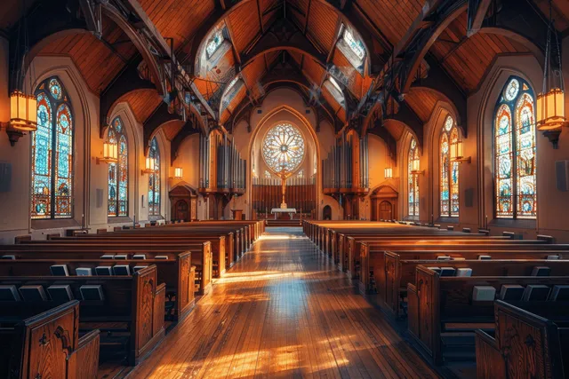 Sunlit wooden church interior with empty pews and stained glass windows along vaulted arches.