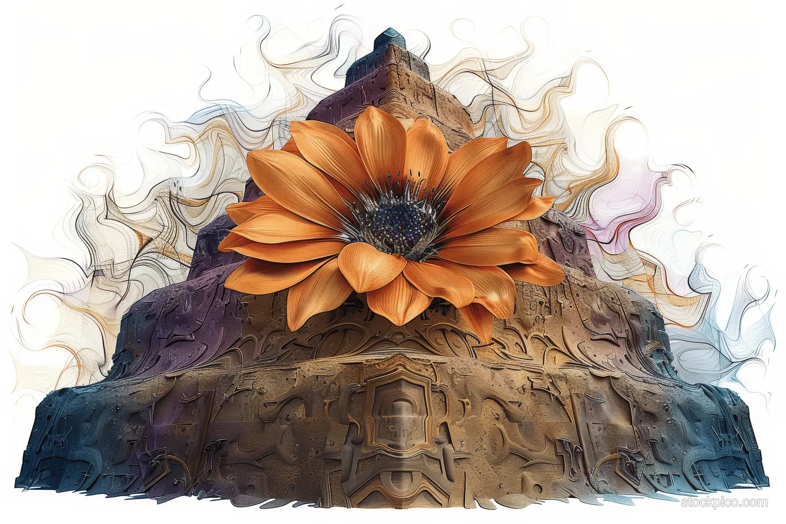 An orange flower sits atop a carved mountain with swirling wisps around it.