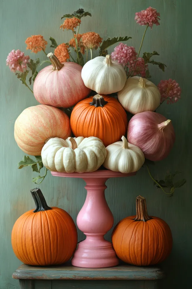 Orange pumpkins and white garlic bulbs stacked on a pedestal with small flowers on a muted background.