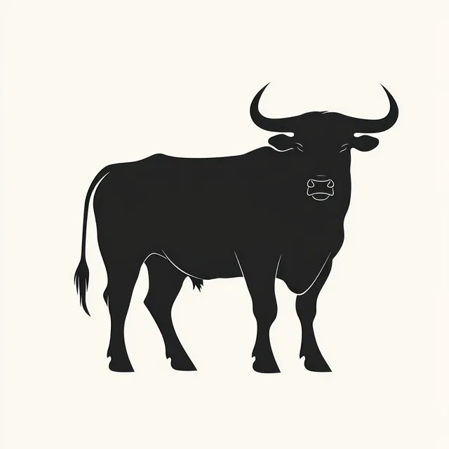 A black bull silhouette with curved horns standing calmly on a plain off-white background.