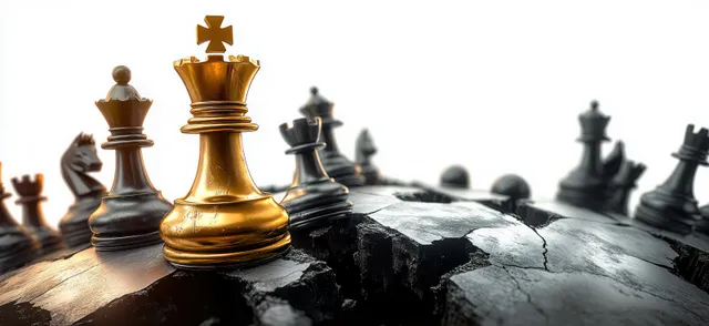 Golden chess king leads black chess pieces across a cracked, damaged spherical surface.
