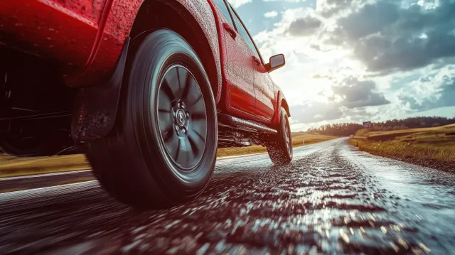 Red car front wheel spinning on a wet rural road with puddle reflections under cloudy skies.