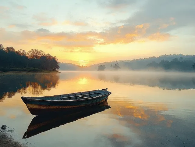 A wooden boat floats on calm lake water, reflecting a sunrise sky with misty shoreline in the distance.