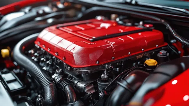 Close-up of a red engine cover with black hoses under a car’s hood