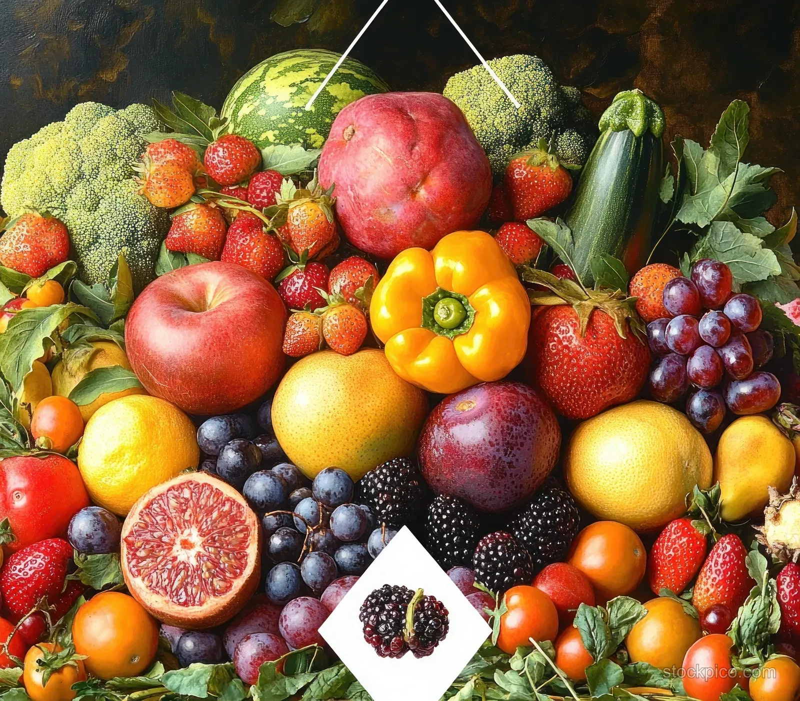 Fresh apples, citrus, grapes, strawberries, peppers, tomatoes, and broccoli arranged closely in a colorful pile.