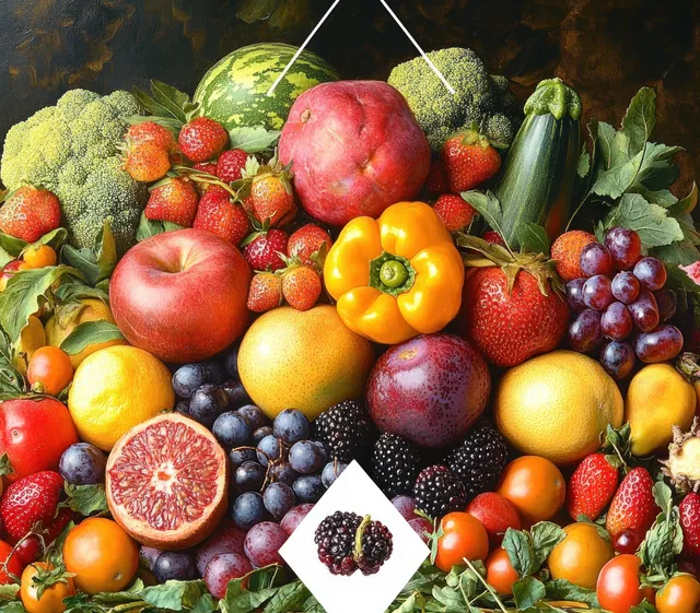 Assorted fresh fruits and vegetables piled together with apples, citrus, grapes, peppers, tomatoes, and broccoli
