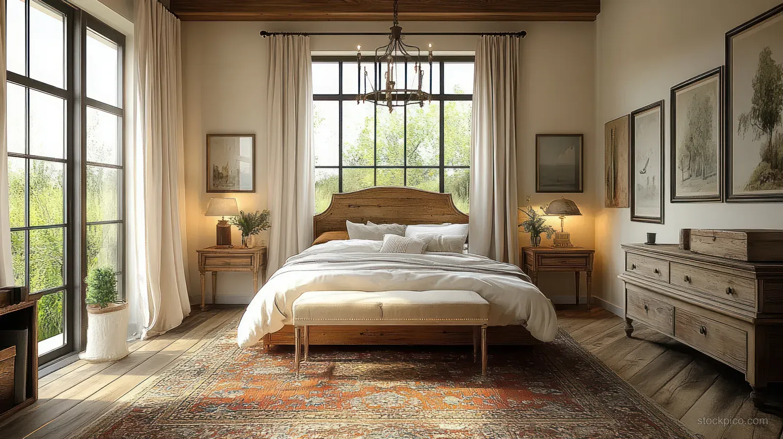 Sunlit wooden bedroom with a made bed, warm bedside lamps, curtained windows, framed nature paintings, and a patterned rug.