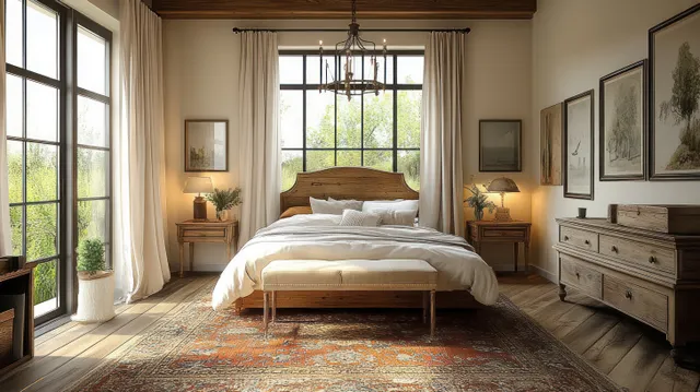 Sunlit wooden bedroom with a made bed, warm bedside lamps, curtained windows, framed nature paintings, and a patterned rug.
