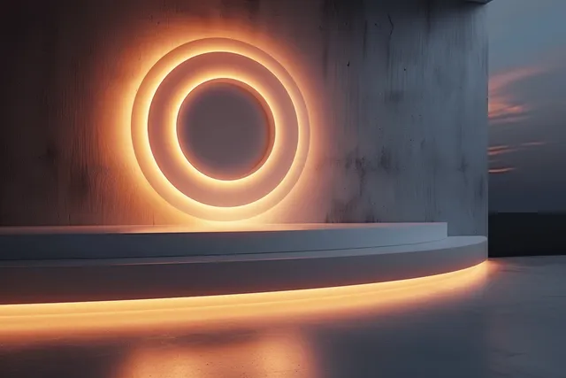 Warm glowing circular rings frame a minimal concrete stage with an empty product display area.
