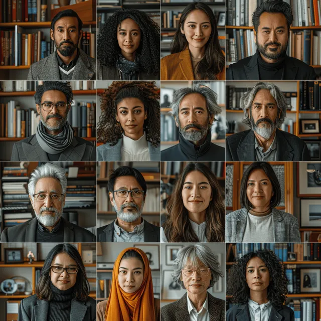 Portrait collage of diverse professionals in libraries, bookshelves behind each face