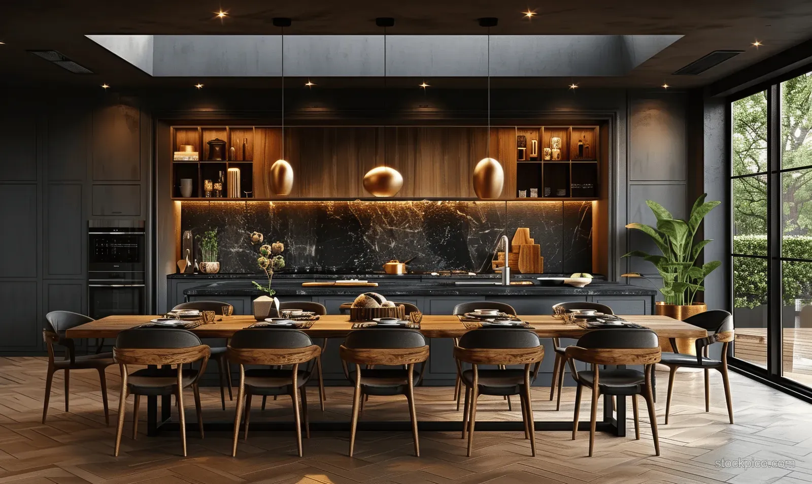 Japandi kitchen interior featuring a black marble island bar and wood stools with dark gray cabinetry and pendant lighting.