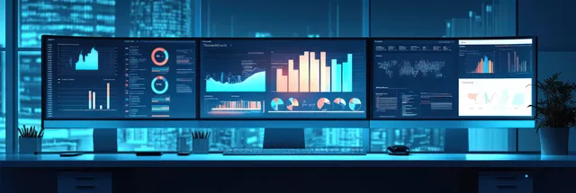 Office desk with multiple screens displaying glowing bar charts and analytics dashboards in blue-green light.