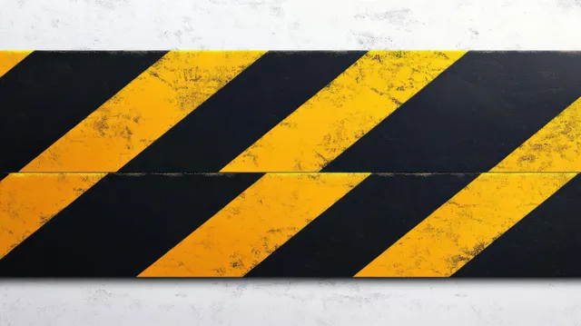 Black and yellow diagonal warning stripes painted on a textured industrial floor surface indicate caution.