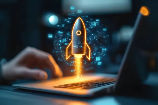 A glowing rocket icon floats above an open laptop displaying blueprint-style data in a dark workspace.