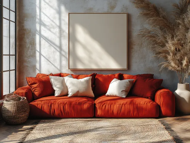 Deep red sofa beneath a blank canvas in a sunlit minimalist living room.