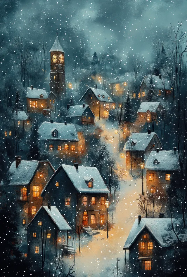 A snowy winter village at night with glowing Christmas windows, falling snow, and a distant clock tower.