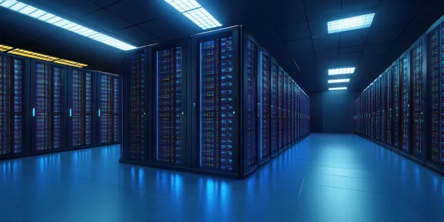 Illuminated server racks lining a corridor inside a high-tech data center