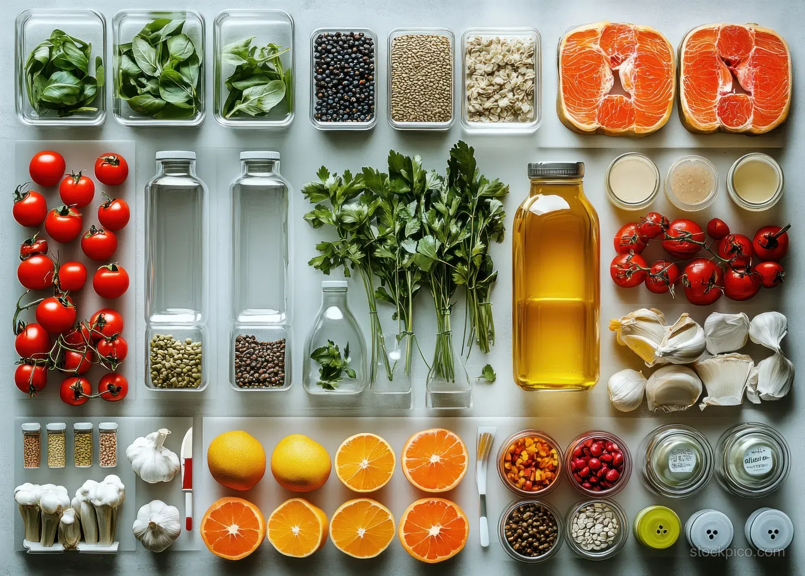 Overhead arrangement of sealed food containers and jars with expiration-style labels and refrigeration safety icons.