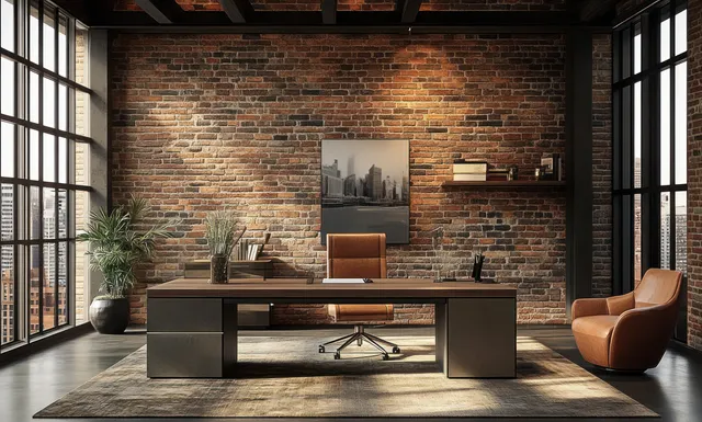 Industrial office interior with brick wall, desk and leather chair, and a city skyline view through tall windows.