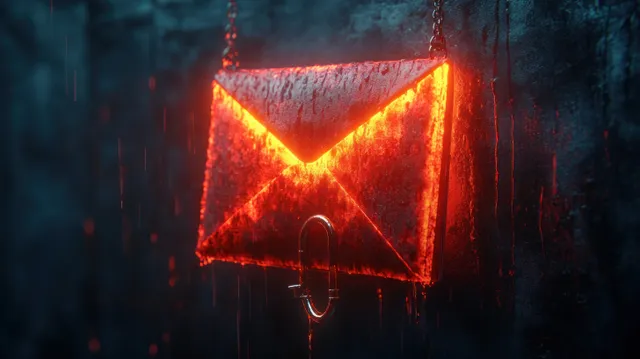 A red glowing phishing envelope notification floats over a dark cyber background with warning elements.