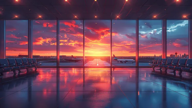 Empty airport terminal with panoramic windows overlooking a plane on the runway at sunset.