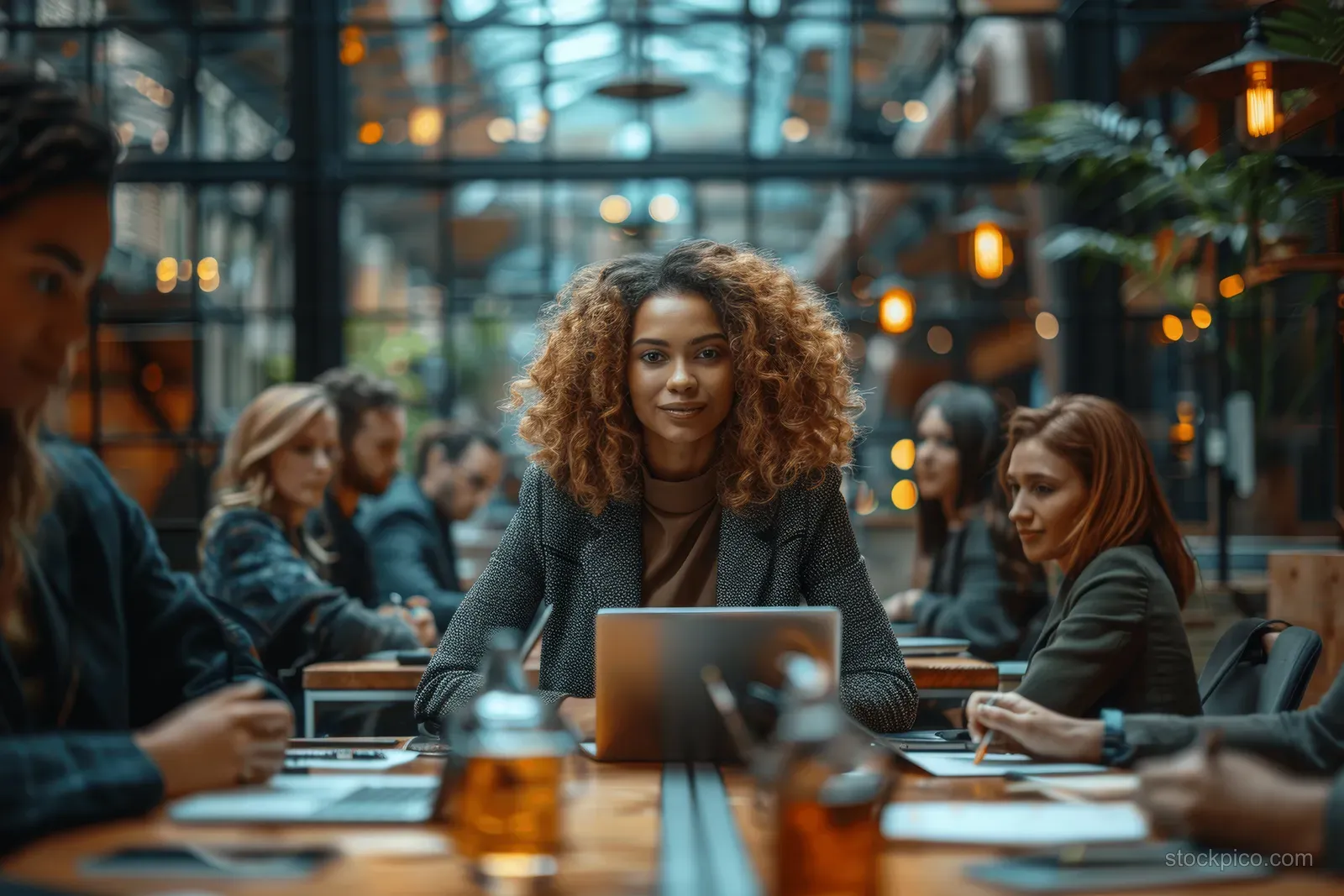 Diverse business team brainstorms around a conference table with laptops in a modern glass office.
