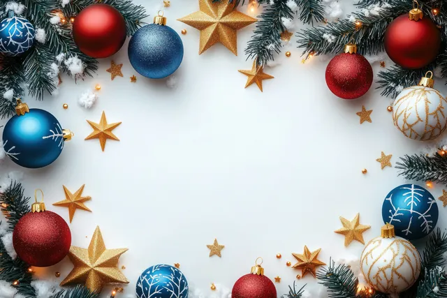 Blue and red Christmas baubles with gold stars and pine branches frame a white background.