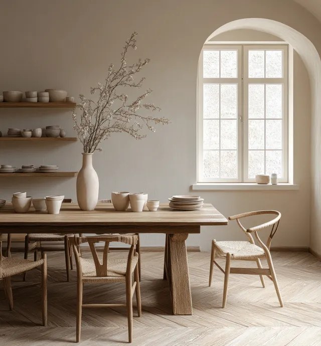 Minimalist dining room with a wooden table, simple chairs, and soft daylight from an arched window over neutral decor.
