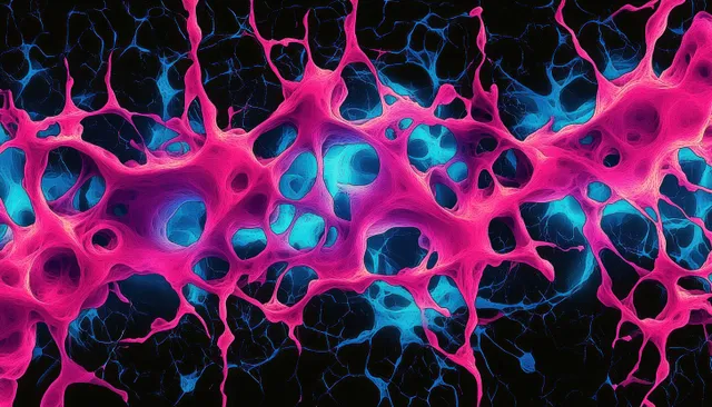 Bright pink and blue neuron-like nodes and network branches interconnect across a dark background.
