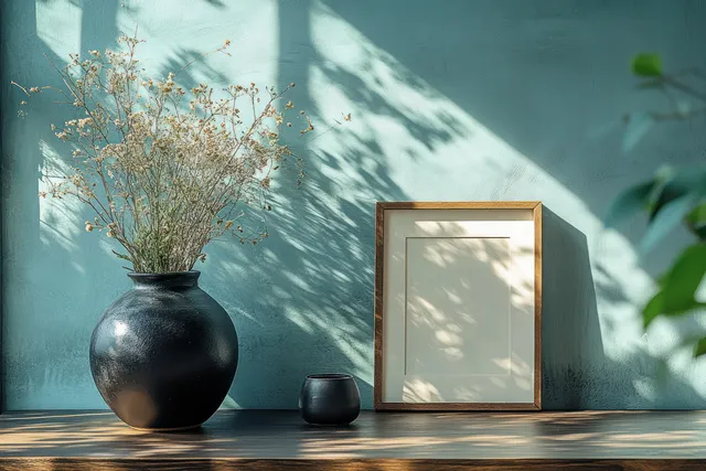 Matte black vase with dried branches beside a small wooden-framed poster on a sunlit wooden table with shadows.